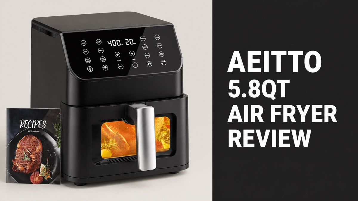 Aeitto 5.8QT large air fryer with viewing window and recipe book beside the headline Aeitto 5.8QT Air Fryer Review